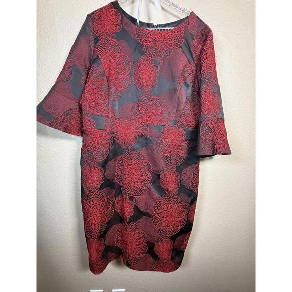 Preston & York Womens Sheath Black W Red Floral Embroidered Sz 14 Dress Elegant - Picture 1 of 9
